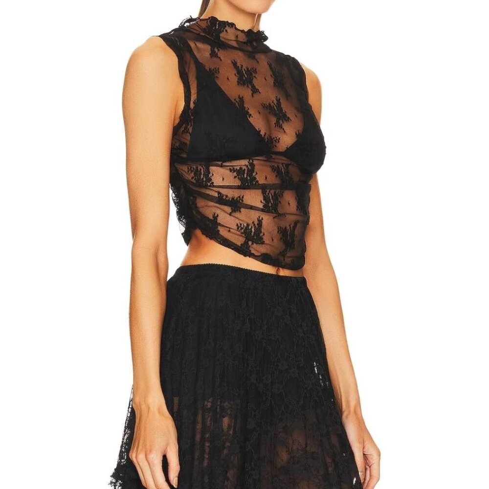 Women Floral Lace Mesh Crop Top Mock Neck Sleeveless Sheer Party Summer - Picture 6 of 6